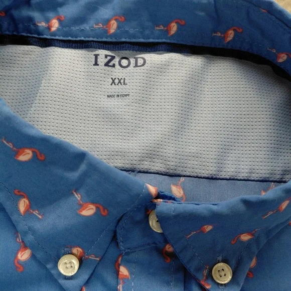 IZOD Mens XXL All Over Flamingo Print Blue Performance Button Up Beach Collared - Picture 5 of 8